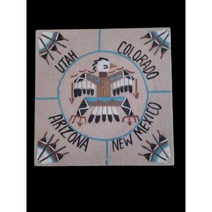 Native American Navajo Sand Painting Four Corners Signed 8x8